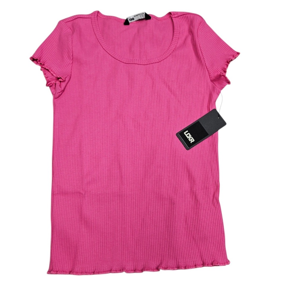 LCKR Ribbed T-Shirt Kids L 14-16 Pink Lettuce Edge Trim Scoop Neck Short‎ Sleeve